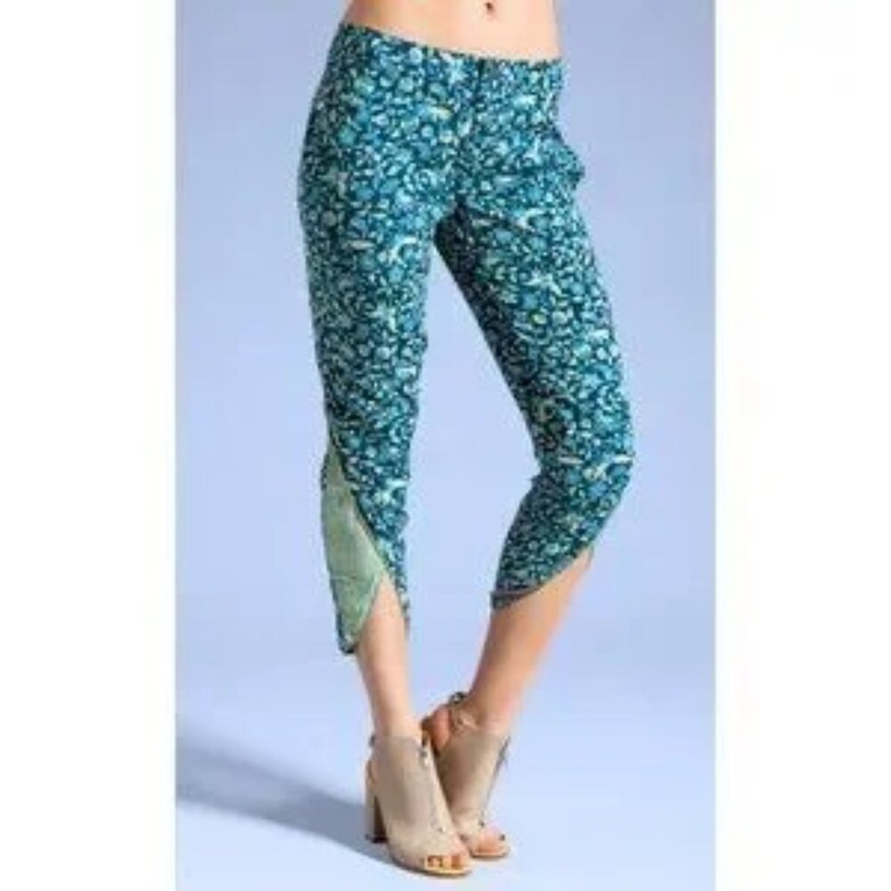 Free People Teal Floral Bird Batik Tulip Hem Cropped Pants Womens Size 8 Rayon
